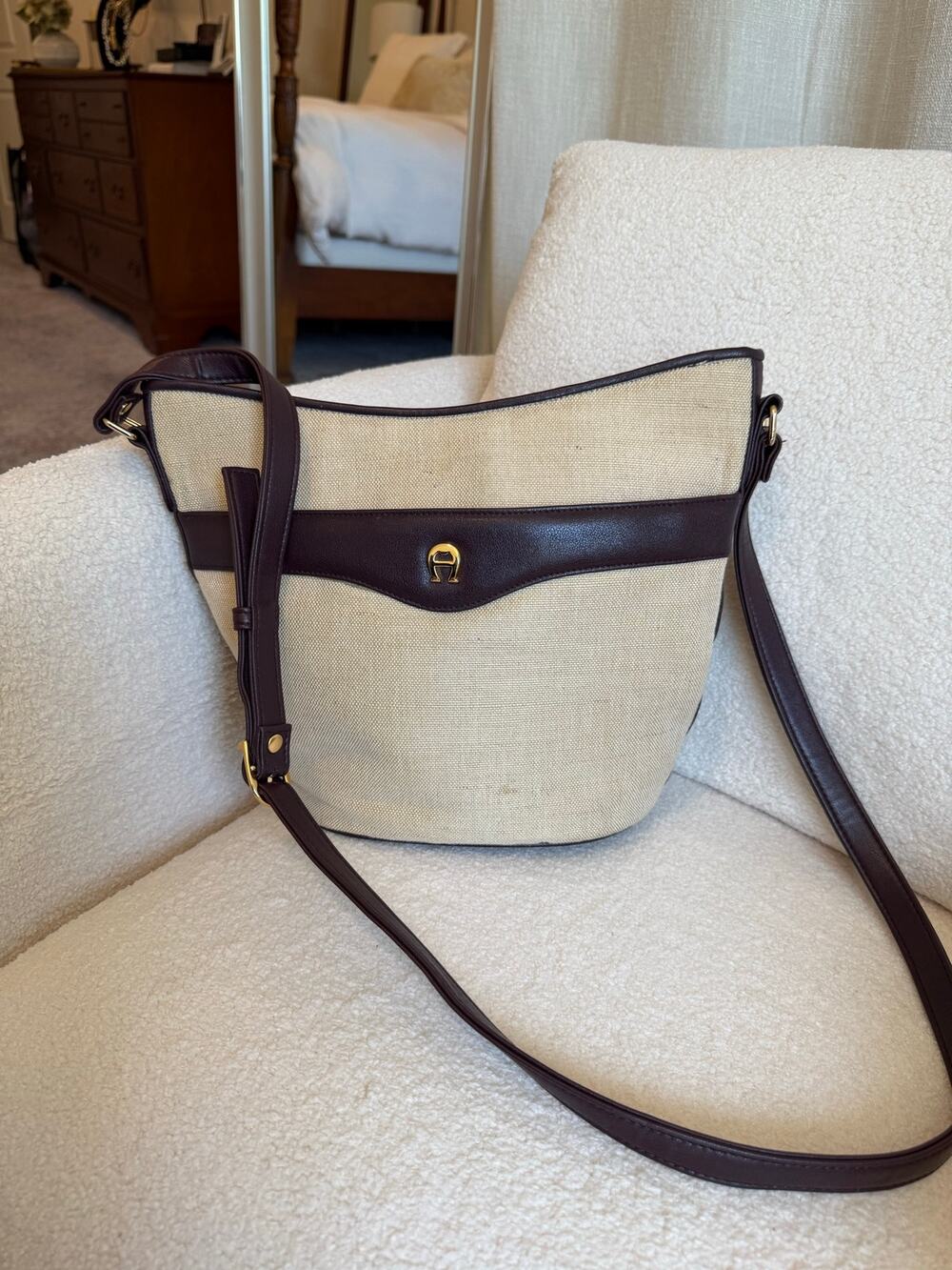 Vintage Etienne Aigner Crossbody Bag Cream Canvas Leather Adjustable Strap